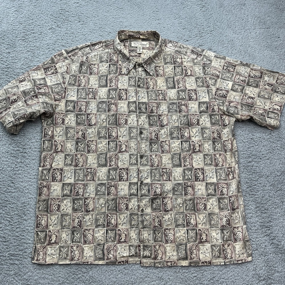 Tori Richard Hawaiin Shirt Mens 2XL Beige Tiki Button Up Cotton Lawn Made in USA